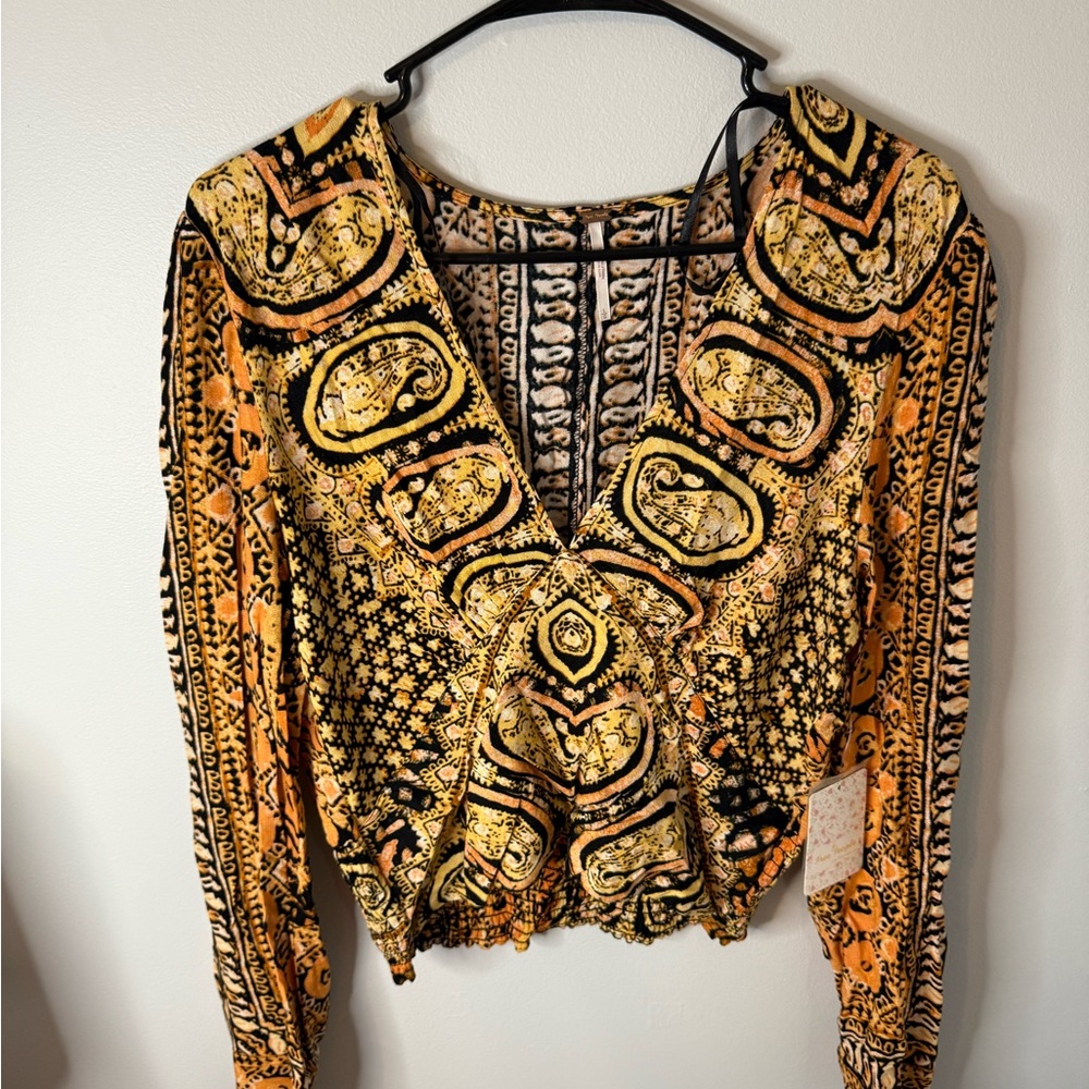 Free People Black and Orange Long Sleeve Blouse
